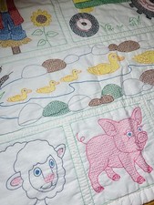 Vintage Handmade Cross Stitch Quilted Farm Baby Blanket Country Barn Animals