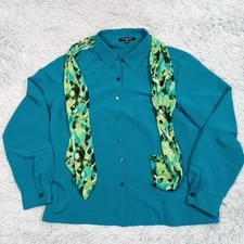 Notations Womens Shirt Button Up Teal Petite  Large Collared Scarf