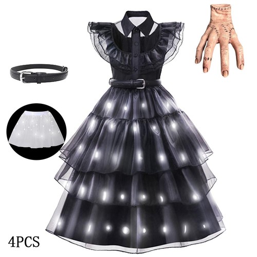 Merlina Costume Mercoledì Bambina Illuminazione LED Vestito Garza Nero per Halloween - Foto 29 di 32
