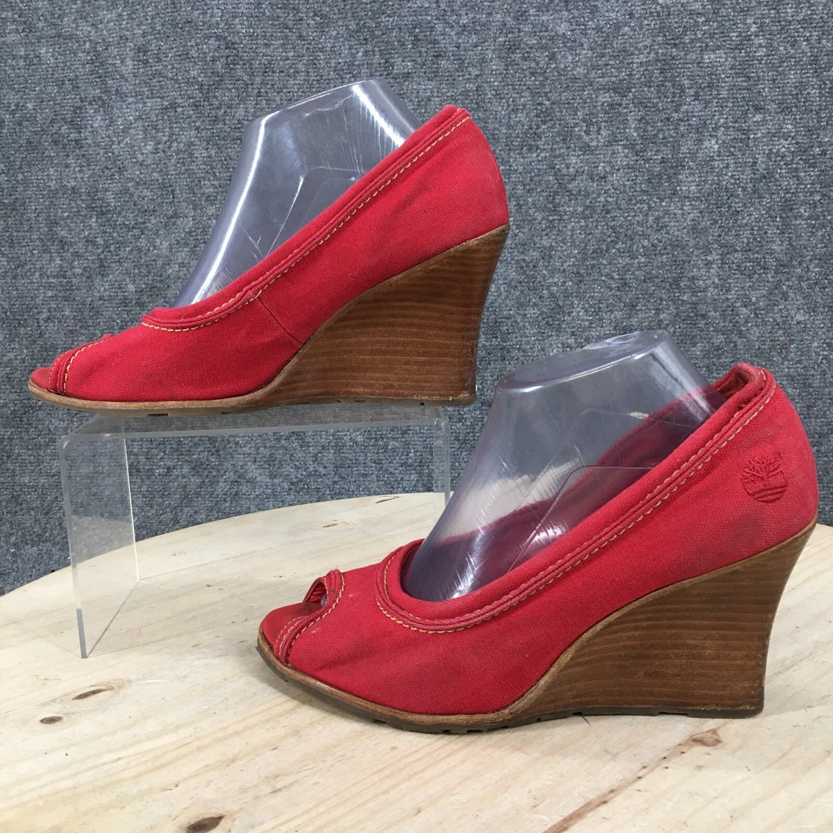 Timberland Heels Womens 9.5 Casual Slip On Peep Toe Pumps Red Fabric Wedge