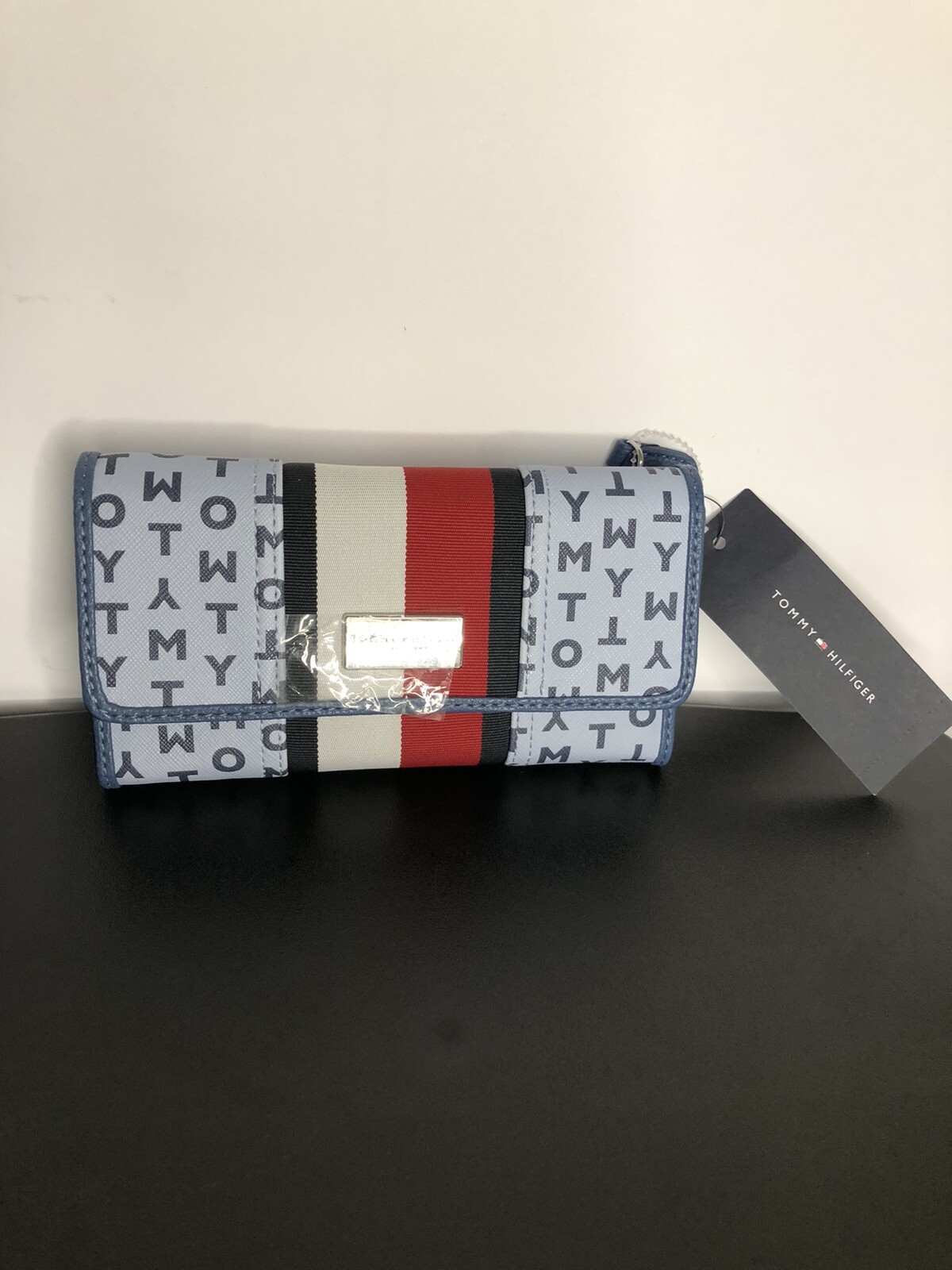 Tommy Hilfiger Womens Blue Logo PU Trifold Wallet Clutch 7 Inch