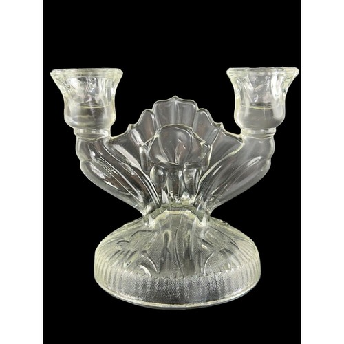 Vintage Clear Glass Double Candlestick Holders Set Of 2 Iris & Herringbone - Picture 3 of 19