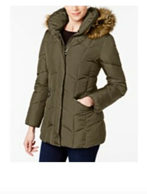 Larry Levine Faux-Fur-Trim Hooded Puffer Coat, Dark Olive, Size M