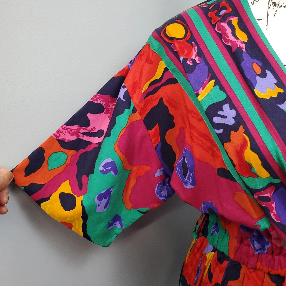 Vestido feminino vintage Together 8P multi arco-íris surplice pescoço ombreiras borradas - Imagem 4 de 4