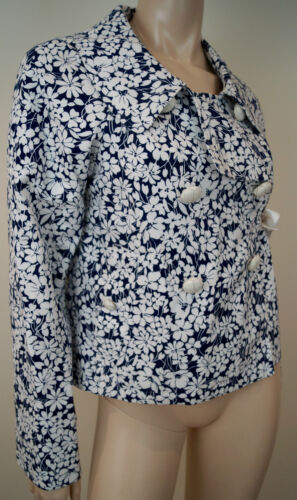 BURBERRY LONDON Navy Blue White Cotton Blend Floral Print Blazer Jacket UK10 US8 - Afbeelding 1 van 6