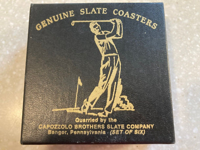 Golf Slate Coasters Genuine No Slide Cork Bottoms Set of 6 in box Black Octagon