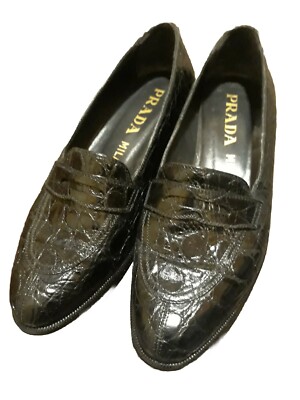 $3200 Prada Genuine Crocodile Alligator Shoes Loafers Black Woman Size 
