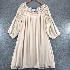 Calvin Klein Dress Womens 8 Ivory Peasant Shift Crochet 3/4 Balloon Sleeve Mini