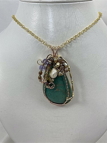 Handmade Copper Wire Wrap 1 1/2" x 2 1/2" Turquoise Pendant #261 & 18" Chain - Picture 4 of 6