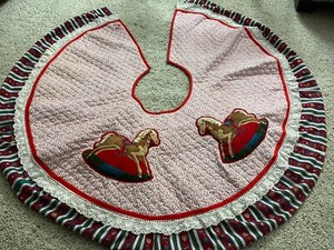 Vintage 19” Handmade Christmas Tree Skirt With Rocking Horse