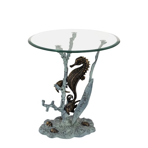 Stunning Multicolor Aluminum Glass Coastal Seahorse End Table Home Décor - Picture 2 of 4