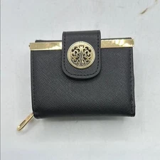 Black Gold Tone Wallet ID Card Holder Tri Fold Zip Around