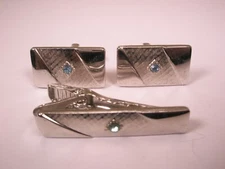 Blue Rhinestone Silver Tone Quality Vintage SARAH COV Cuff Links & Tie Clip