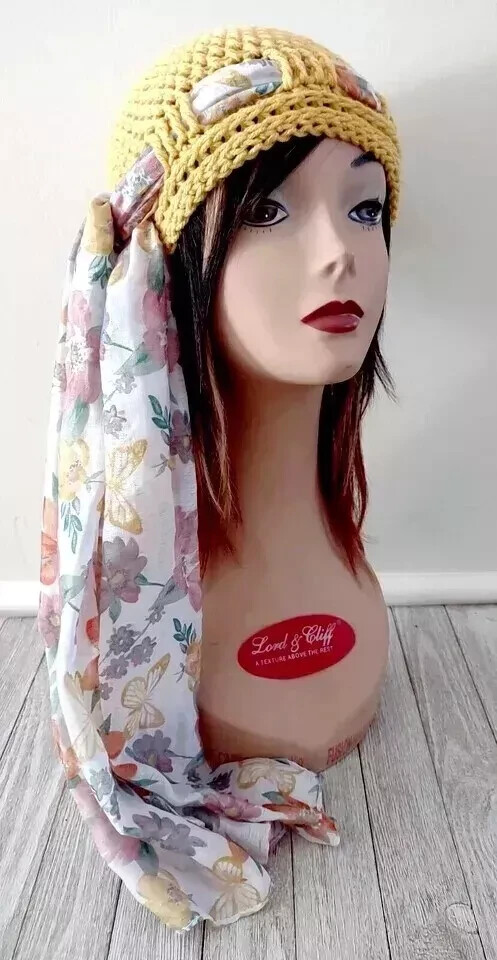 Handmade crochet flower scarf hat beanie for women chemo autumn yellow USA