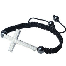 Silver Tone Cross White Gem Stones Beaded Adjustable Macrame Unisex Bracelet