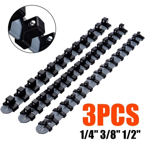 3PC Socket Organizer Mountable Sliding Holder Rail Rack Tool Storage 1/4 3/8 1/2 - Picture 3 of 6