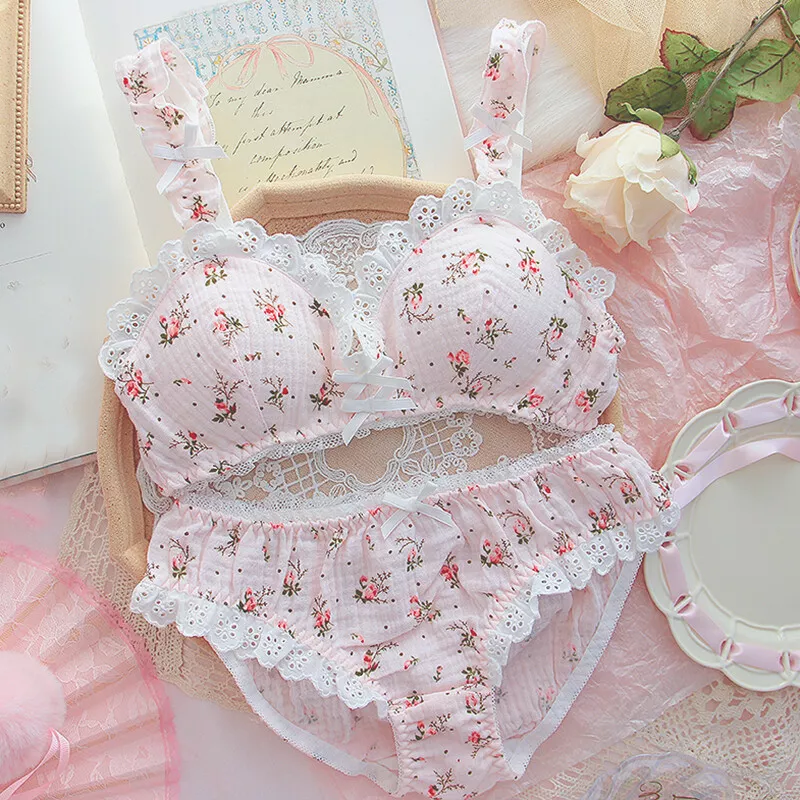 Sweet Mori Girls Floral Lace Bow Bra Sets Japanese Panties