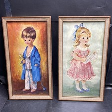 X2 Vintage 1960s Dallas Simpson Framed Art Prints Bedtime Boy & Singing Girl