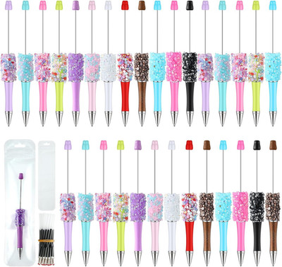 90 Pieces DIY Beadable Pens Kit 30 Pcs Plastic Petal Glitter Beaded Pens and Ref