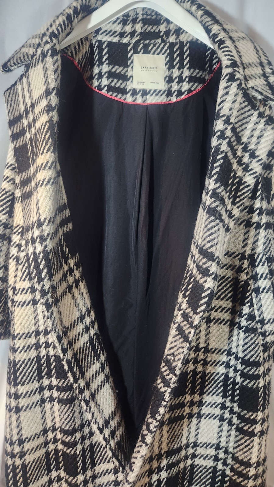 ZARA BASIC Plaid Collared Button Long Coat Black … - image 5