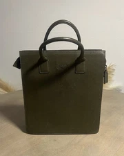 Vintage Furla Leather Olive Green Vertical Top Handle Tote Bag Made Italy