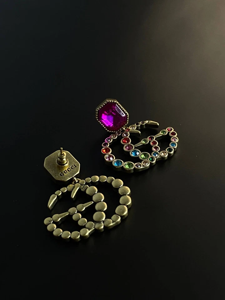 Gucci GG Logo Pink Crystal Multi-Color Gemstone Drop Earrings - Image 3 of 4