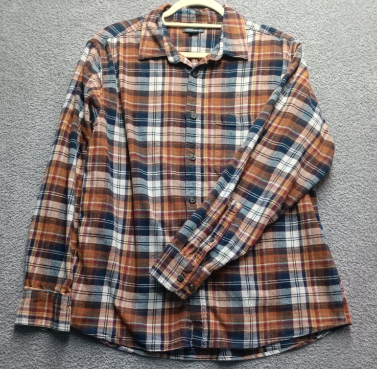 Eddie Bauer Plaid Flannel Shirt Men’s L Brown Long Sleeve Button Front