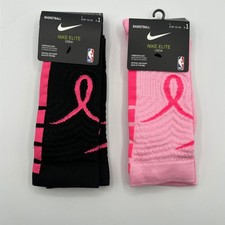 Nike Elite Crew Basketball Socks Black Pink Ribbon Breast Cancer Large L 2 Pairs