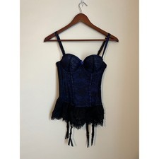 Baci Corset Bustier Royal Blue Black Lace Overlay Boning Garter Straps Size M