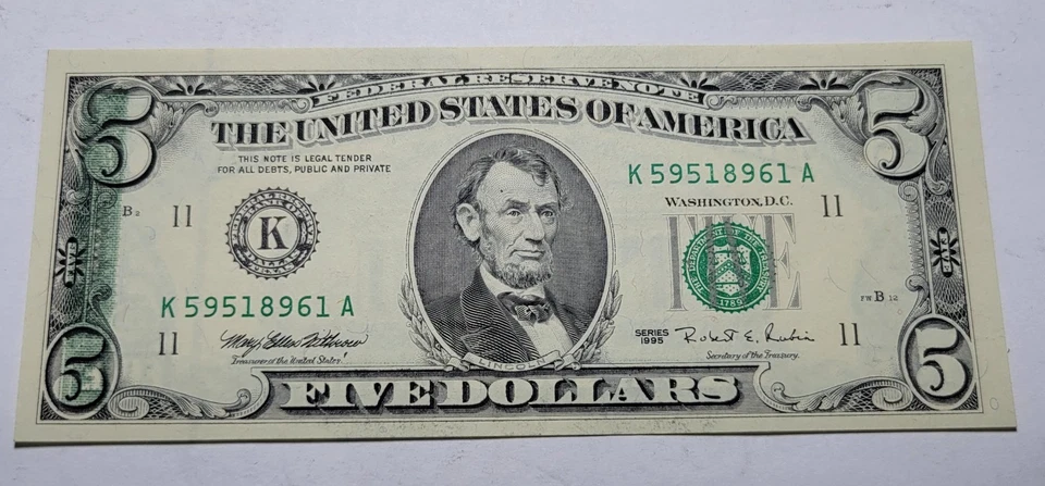 Series 1995 Dallas $5 Fed Res Note GEM UNC ~Partial Offset Print ERROR Back-Face - Image 2 of 4