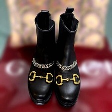 GUCCI Horsebit Chain Leather Ankle Boots Women's US 7.5 EU 37.5 Black