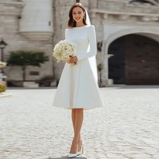 Elegant Ivory O-Neck Satin Short Wedding Dress for Women Long Puff Sleeves