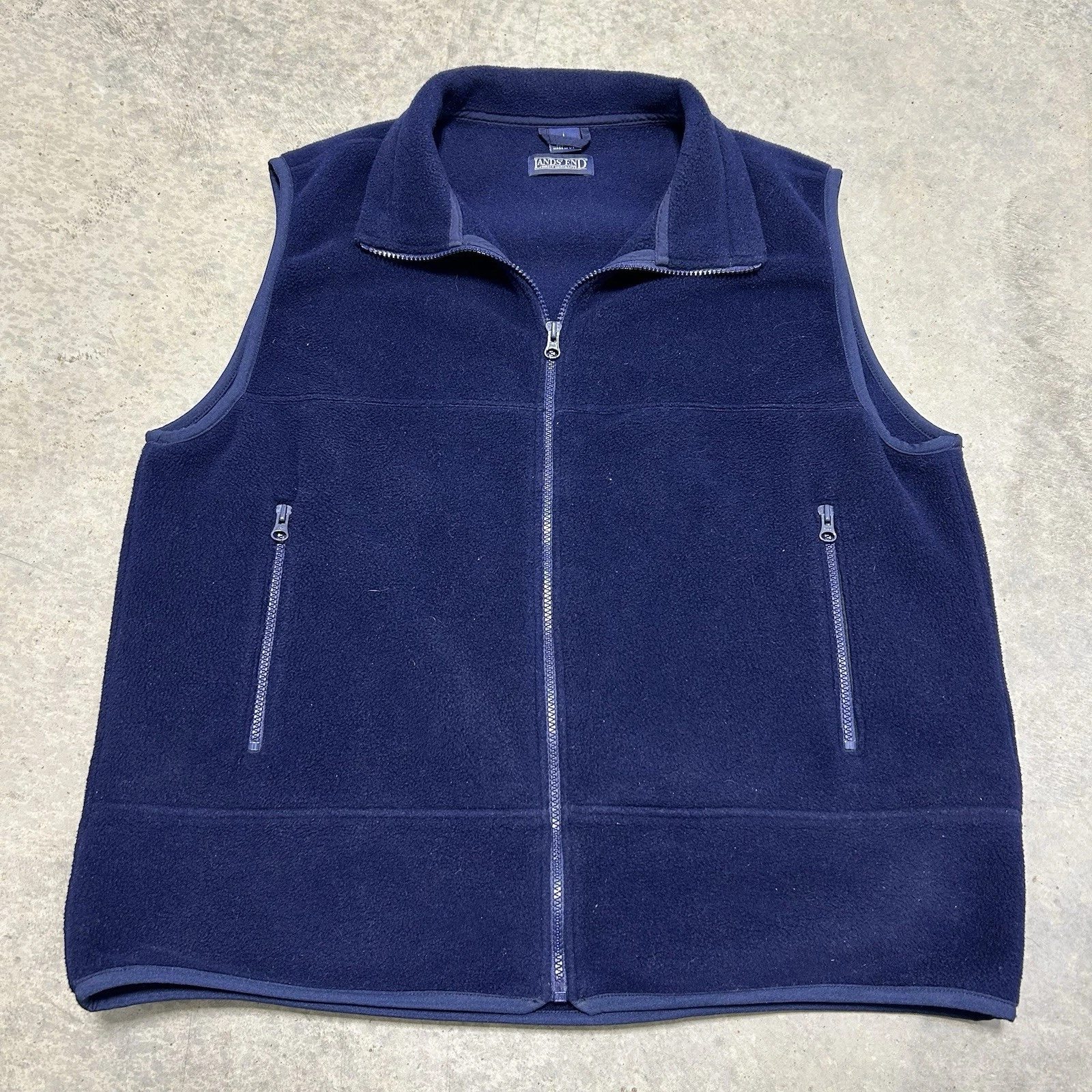 Vintage Land's End Navy Blue Zip-Up Mock Neck Fleece Polartec Vest USA Men’s L