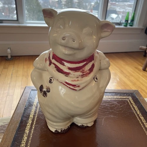 Charming Vintage Shawnee Pottery Smiley the Pig Cookie Jar 1940s red scarf