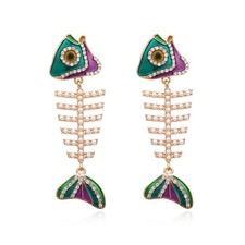 Fish Bone Earrings Drip Oil Animal Earrings Colorful Crystal  Sparkly Enamel Ear