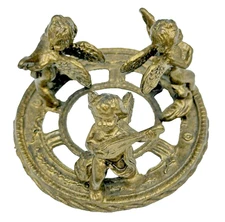 Angels Cherubs Playing Mandolin Potpourri Brass Metal Lid Glass Jar Candle Cover