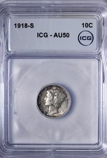 1918-s Mercury Dime Icg Au50 Nice Early Date Chcig 1918-s Mercury Dime Icg Au50 Nice Early Date Chcig