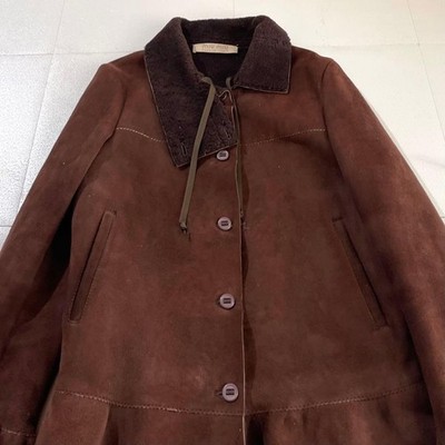 Rare MIU MIU Archive Shearling Mouton Jacket Ruffle Trim Brown 
