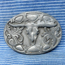 Longhorn Skull Belt Buckle Western Scroll Cowboy Vaquero Vintage 80s .TWY758