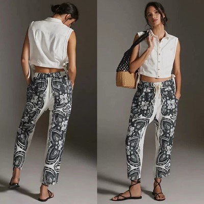Anthropologie Pilcro Linen Surf Pants Black White Tattoo Floral Size 2X