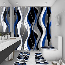 4Pcs Blue Shower Curtain Sets with Non-Slip Rugs, Toilet Lid Cover and Bath Mat,