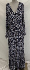 BEIGE bY ECI MAXI EMPIRE DRESS w LONG SLEEVES- & V-NECK-BLUE-FLORAL-SZ S-USED
