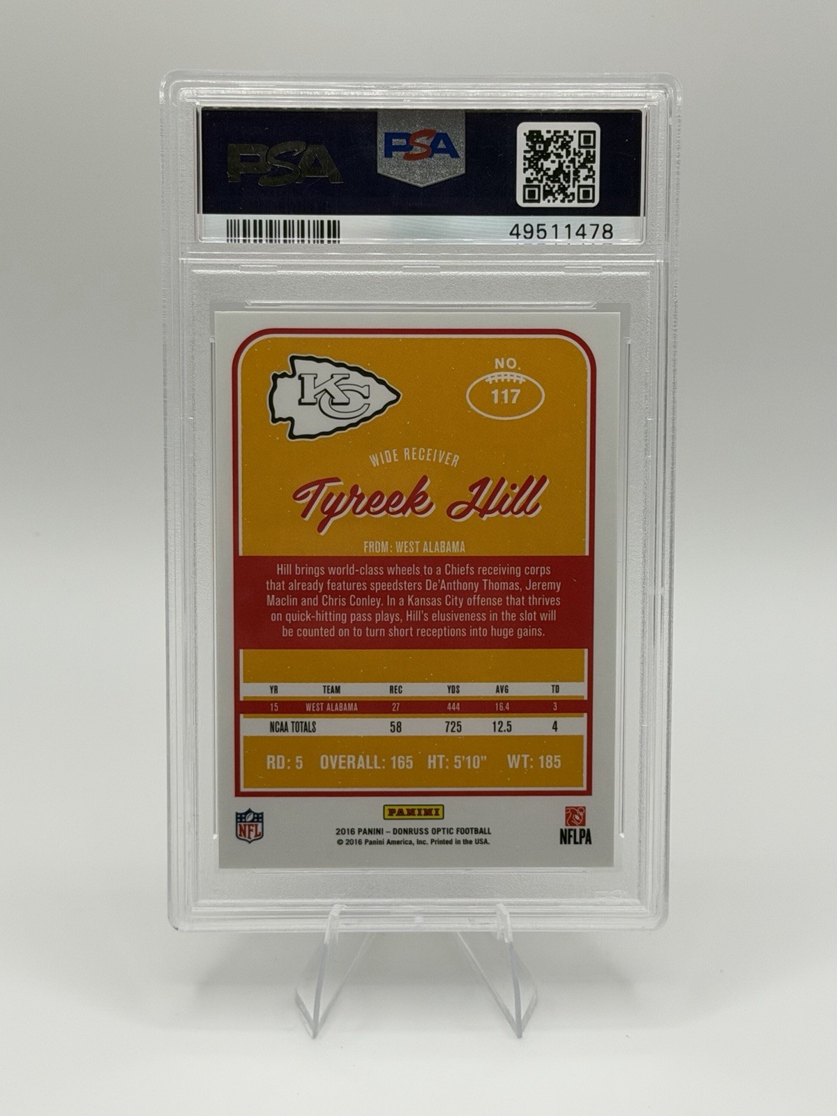 Panini 2016 Donruss Optic Rookies Tyreek Hill #117 Rookie Base PSA 10 Chiefs view 2