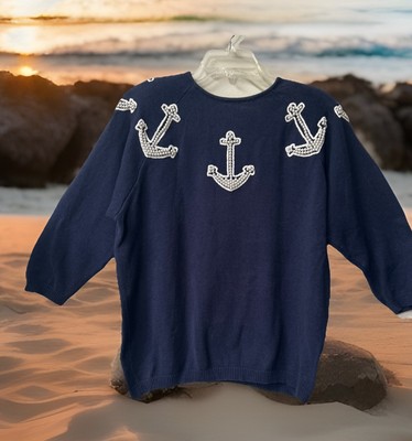Vtg L'EAU VIVE Knit Nautical Sweater Navy Sz Med Anchor Beach Tunic Embellished