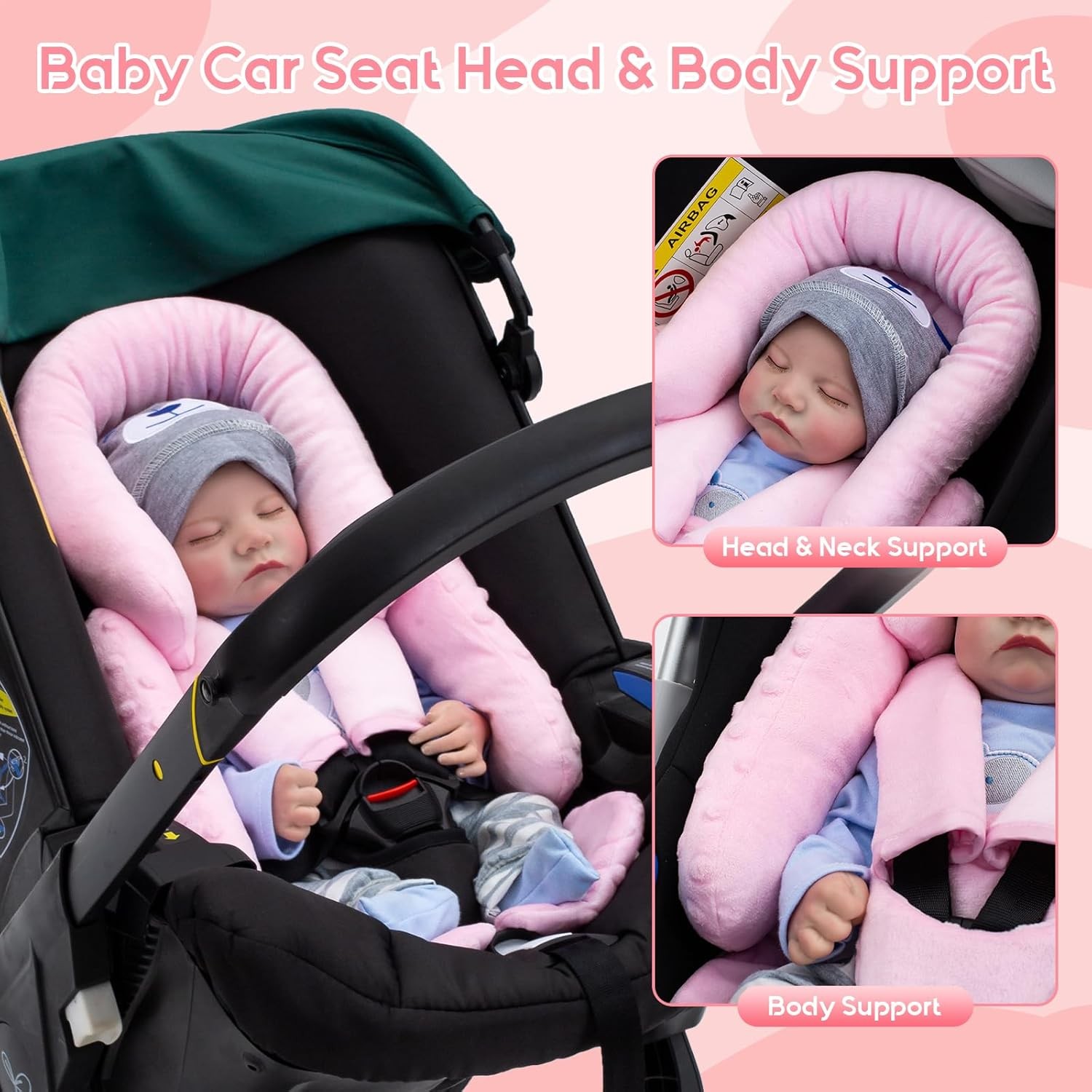 Infant Car Seat Insert with Extra 3 Strap Covers, Thickened Carseat Head Pink 