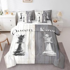 7 Pieces Size International Chess Comforter Set,Valentine's King Grey White