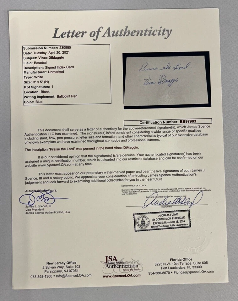 Vince DiMaggio Signed "Praise The Lord" Card JSA AUTO Pittsburgh Pirates w/LOA! - Image 4 of 4