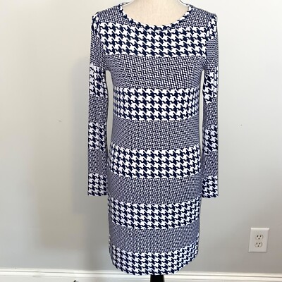 michael kors stretch jersey dress navy blue & white houndstooth shift size Small Gold Cocktail Party Dresses