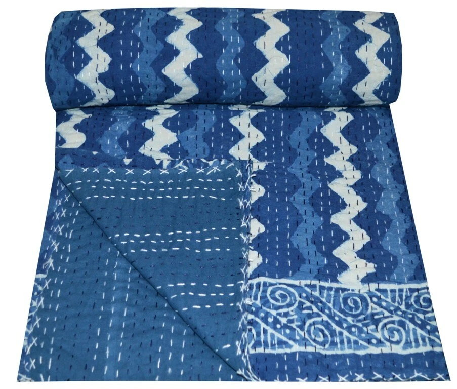 Colcha indiana feita à mão com estampa de bloco bordado Kantha cobertor duplo - Imagem 2 de 4