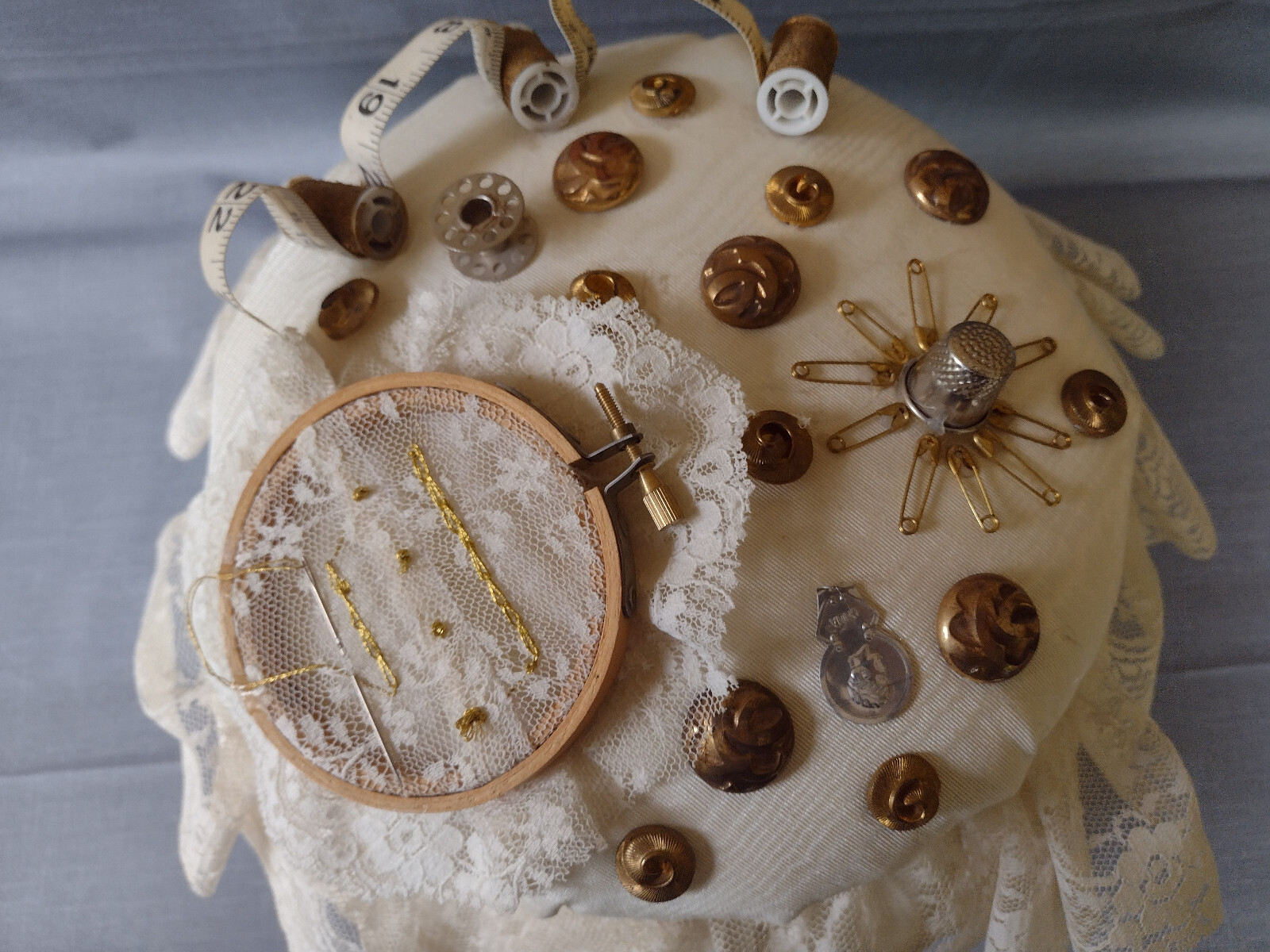 Sewing Basket Round Ornate Decorated White Lace Trim with Accessories